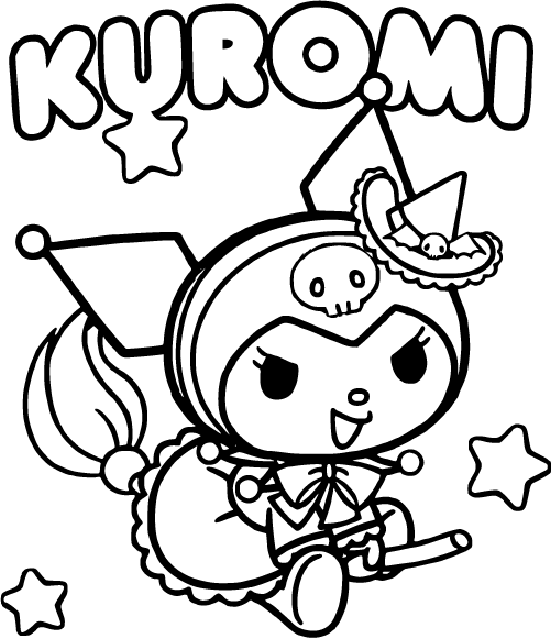 Kuromi flying on a broomstick