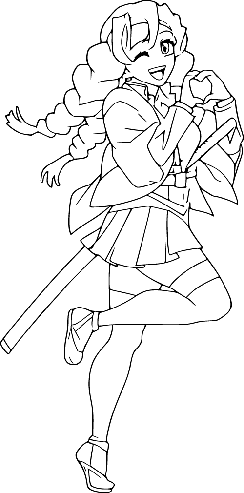 Mitsuri strikes a playful pose with a wink and flexed arms