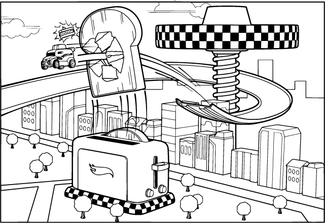 Hot Wheels race track winds through a vibrant landscape