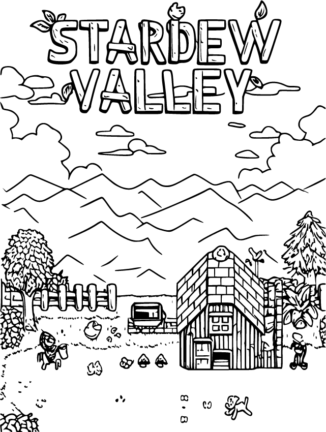Stardew Valley farmhouse and mountains under the logo