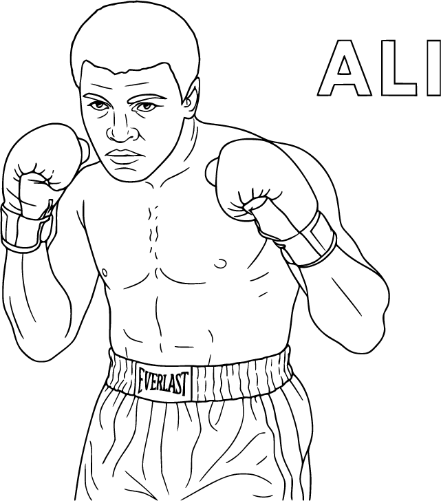 Muhammad Ali close up portrait gloves raised intense look coloring page