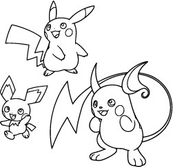 Three Pokémon characters Pichu Pikachu and Raichu are shown with lightning bolt shapes around them