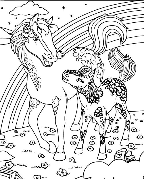 Markie in a field of flowers under a bright rainbow