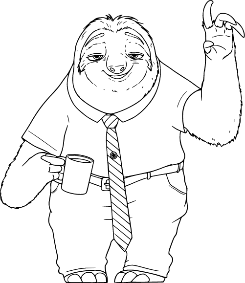 Flash the sloth holding a coffee mug and raising one finger