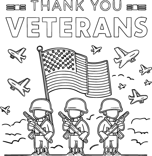 Three soldiers stand at attention in front of a waving American flag as airplanes fly overhead all beneath the words thank you veterans