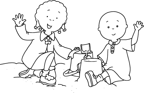 Caillou and his friend building a sandcastle and waving happily