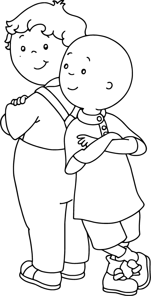 Caillou and his friend standing back to back with smiles