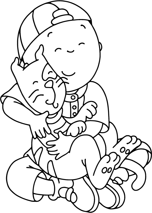 Caillou hugging his cat happily while sitting on the floor