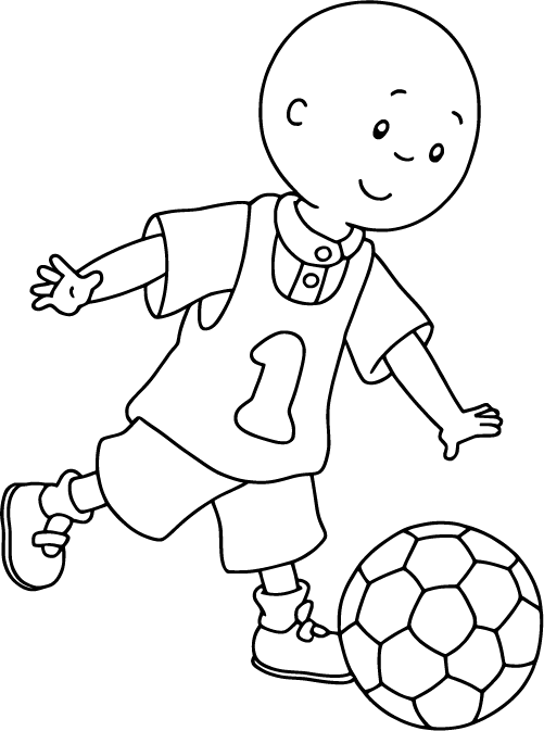 Caillou playing soccer with a smile and kicking the ball
