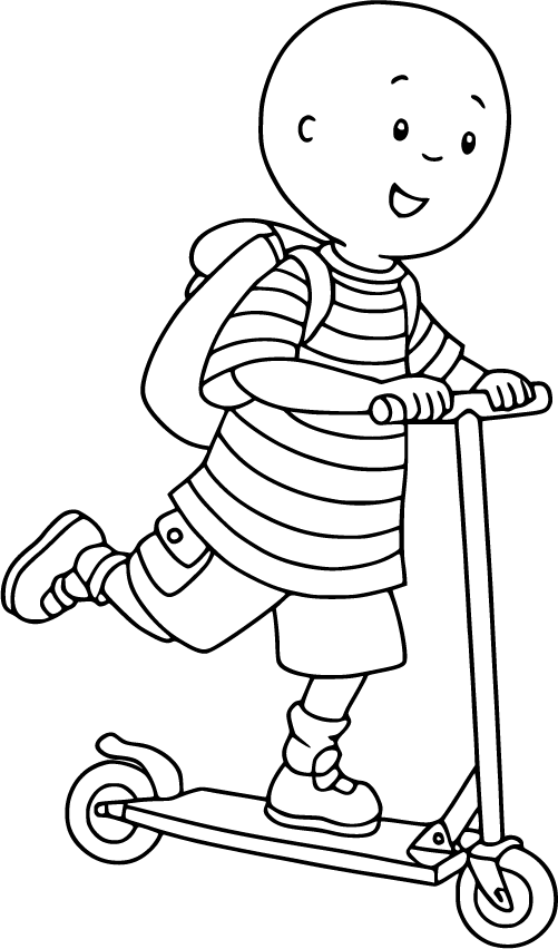 Caillou riding a scooter with a big smile and backpack coloring page