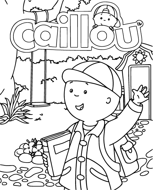 Caillou waving happily while holding a book in front of a house