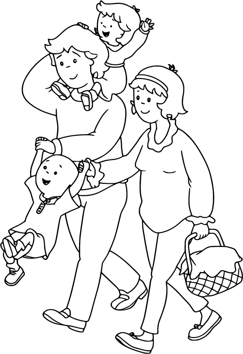 Caillou with family walking happily carrying a picnic basket