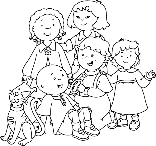 Caillou with friends and a cat posing happily together