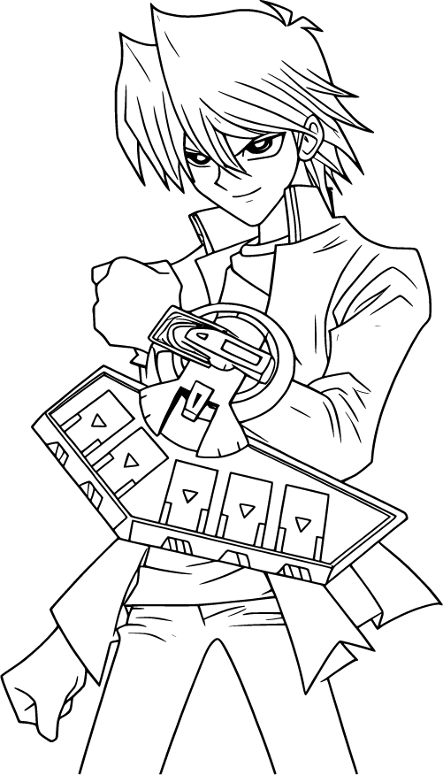 Seto Kaiba holding a duel disk with confident smirk and tousled hair