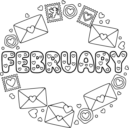 The word February surrounded by envelopes stamps and heart seals