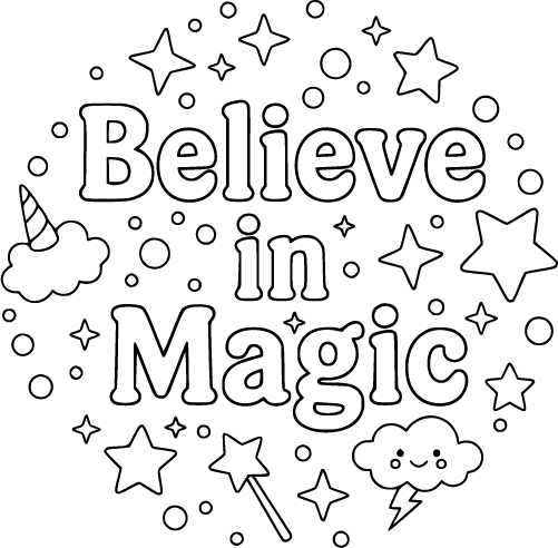 The words Believe in Magic surrounded by stars sparkles and small clouds
