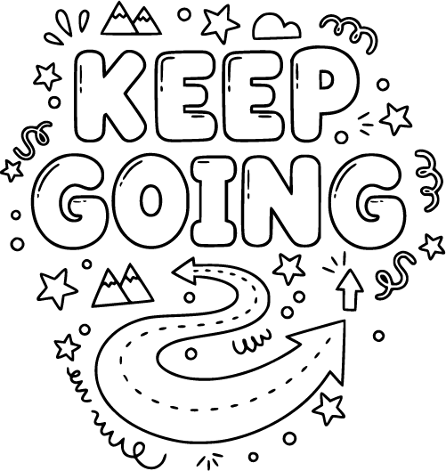 The words Keep Going surrounded by arrows paths and stars