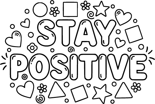 The words Stay Positive surrounded by hearts stars circles and squares