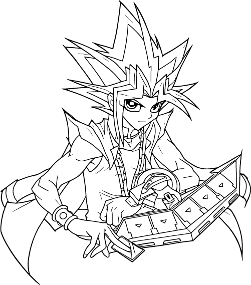 Yugi Mutou holding duel disk with determined expression and spiky hair