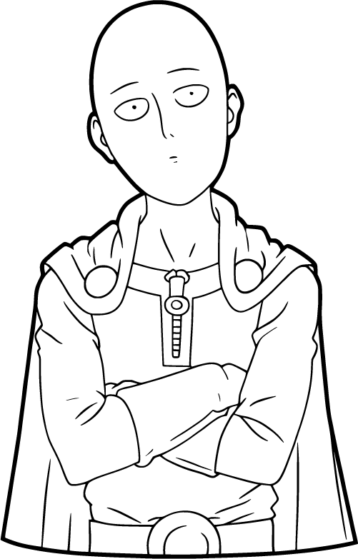 Saitama arms crossed wearing cape and zipper hero suit coloring page