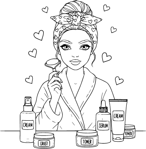 Woman in bathrobe holding skincare tool surrounded by beauty products