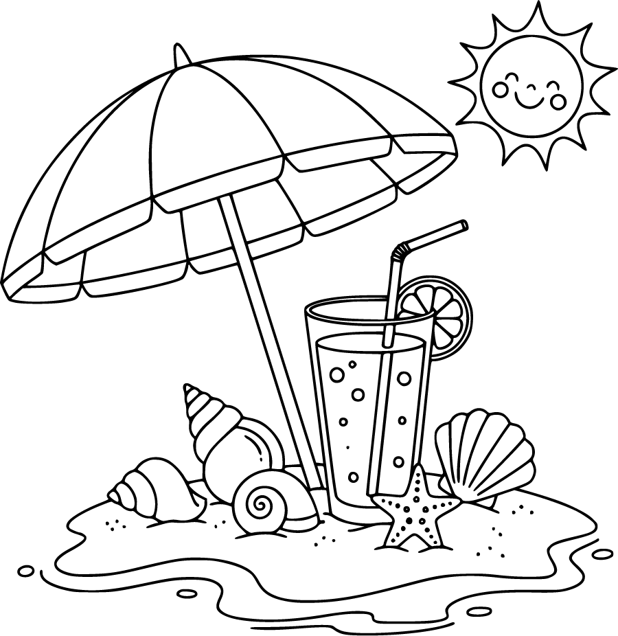 A beach scene with a lemonade drink umbrella and seashells on the sand