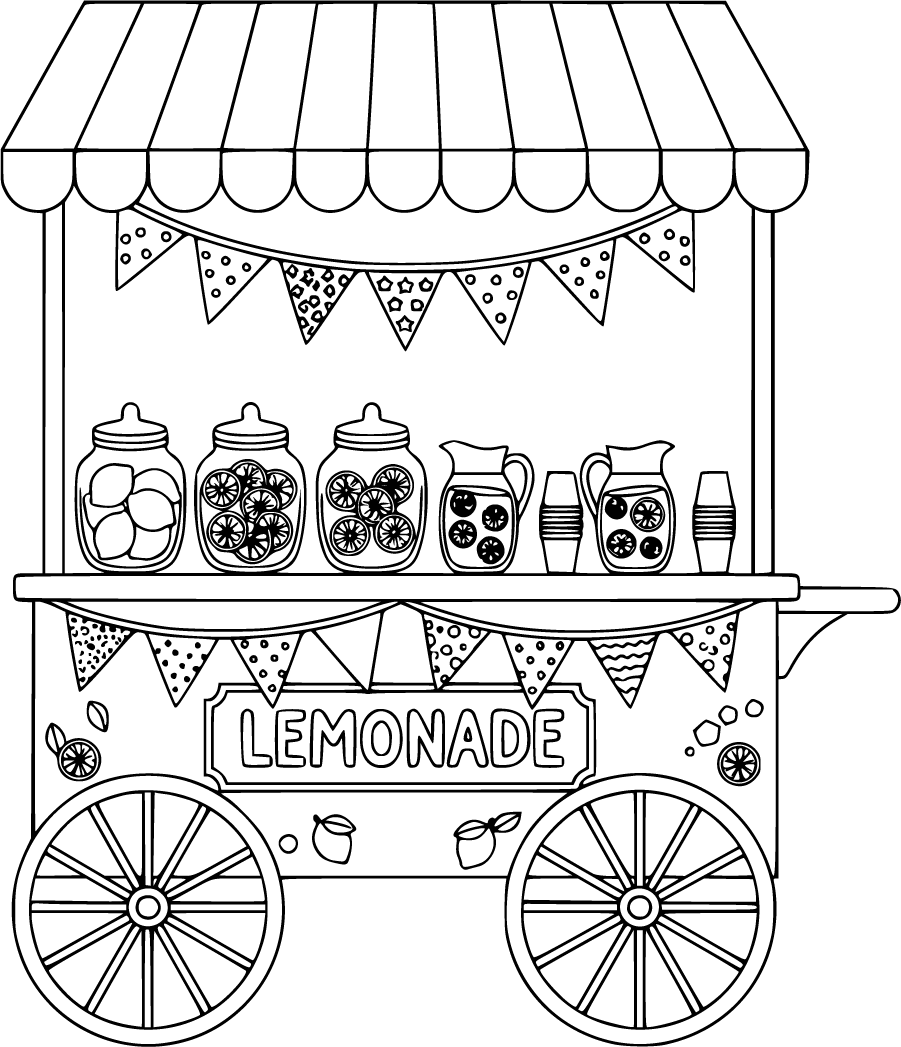 A cheerful lemonade cart with pitchers and lemon jars