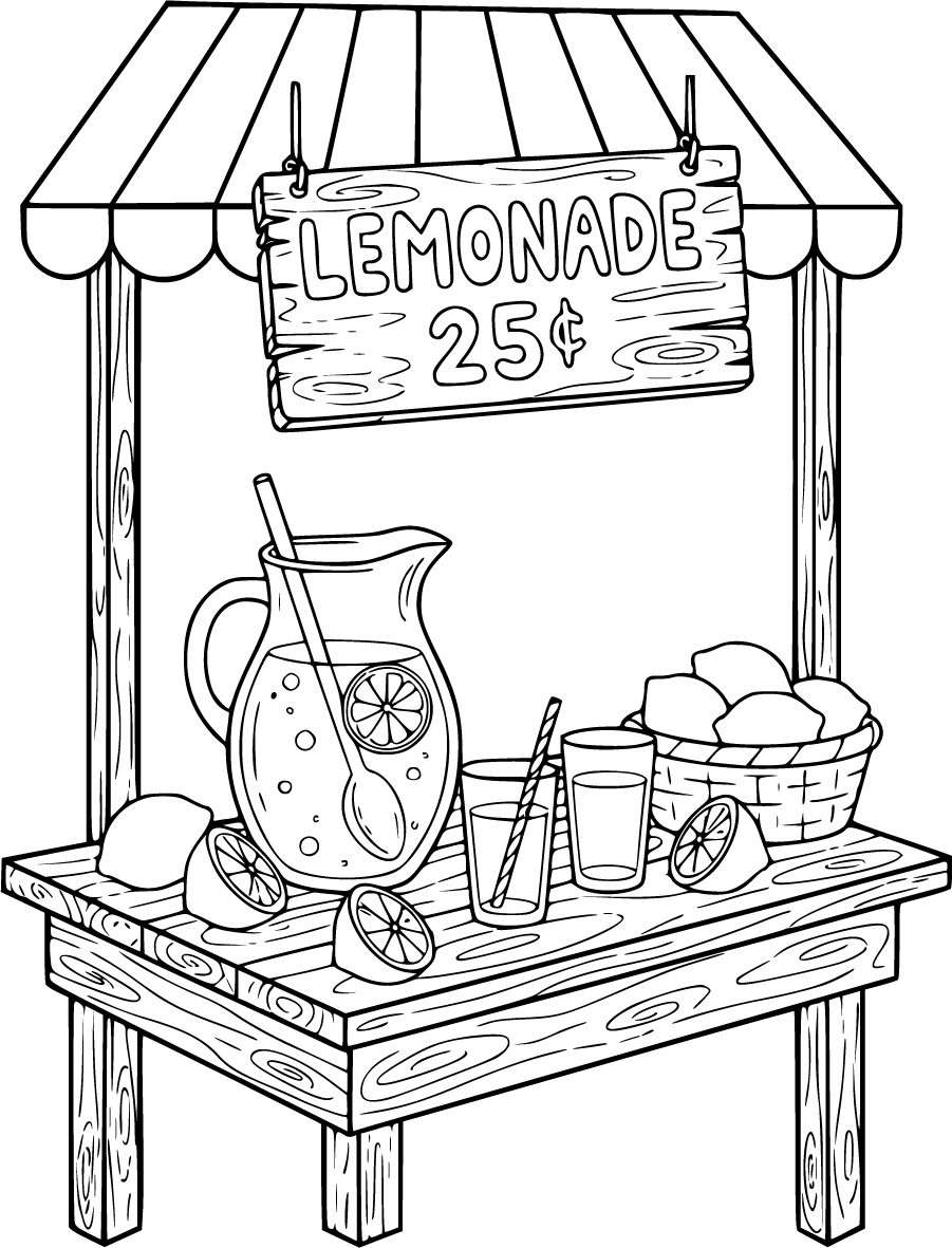 A drawing of a lemonade stand with a pitcher of lemonade glasses and lemons