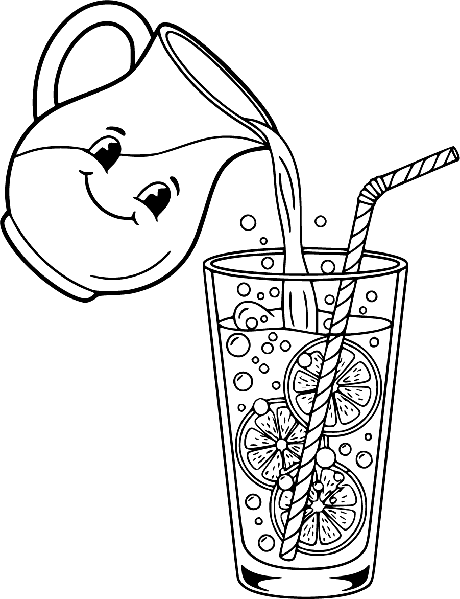 A happy pitcher pours lemonade into a tall glass with lemon slices and a straw