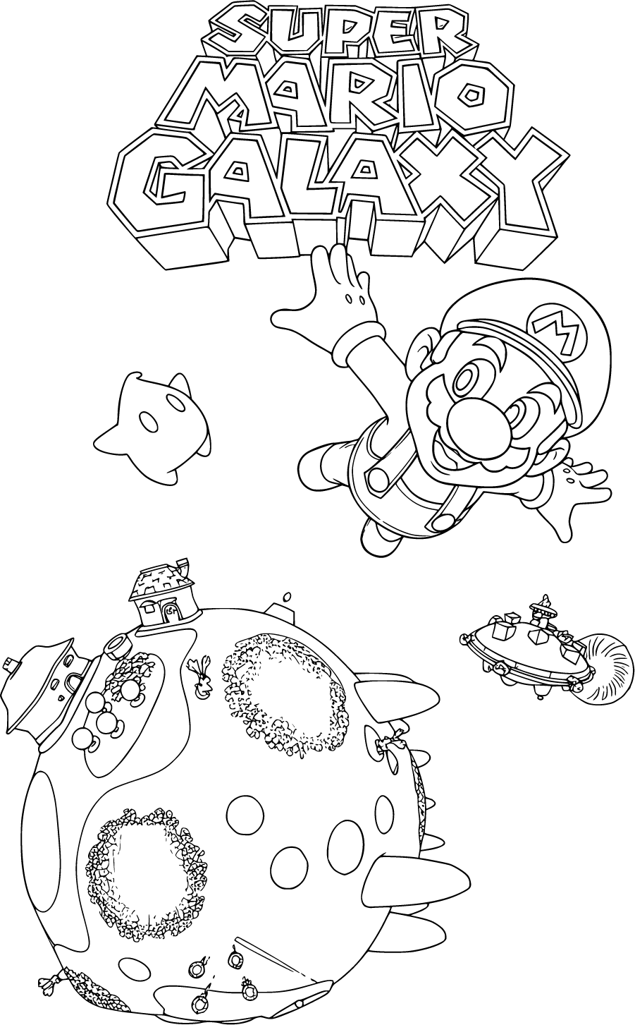 Mario and a star character flying around planets in space