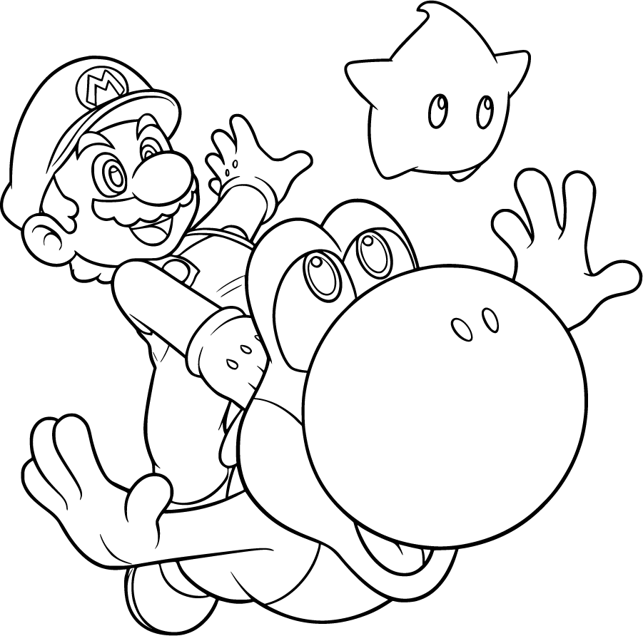 Mario riding Yoshi with a star floating nearby