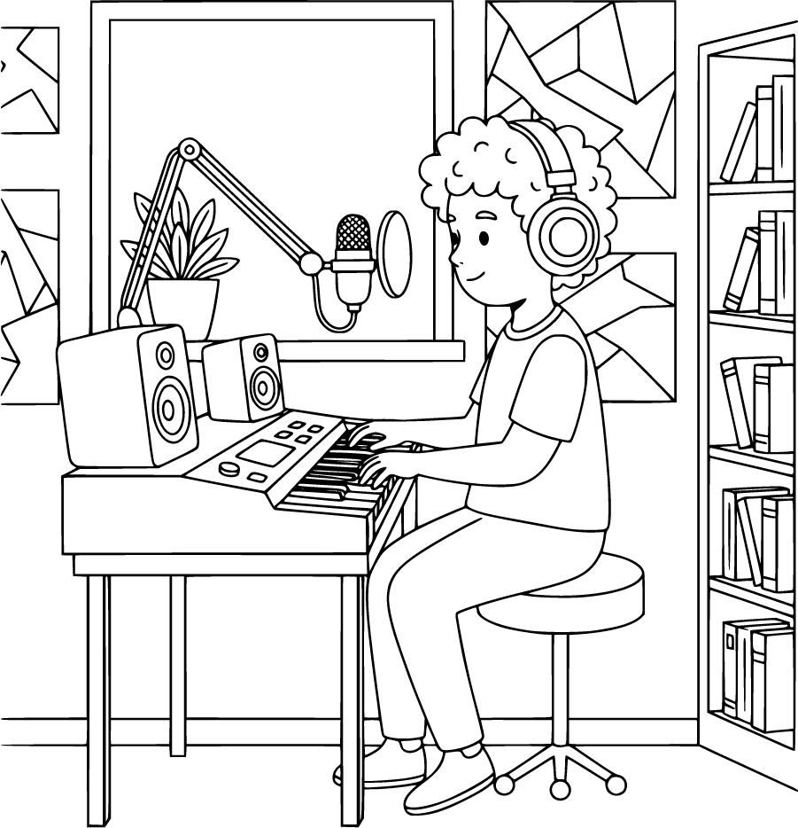 musician keyboard headphones home studio coloring page