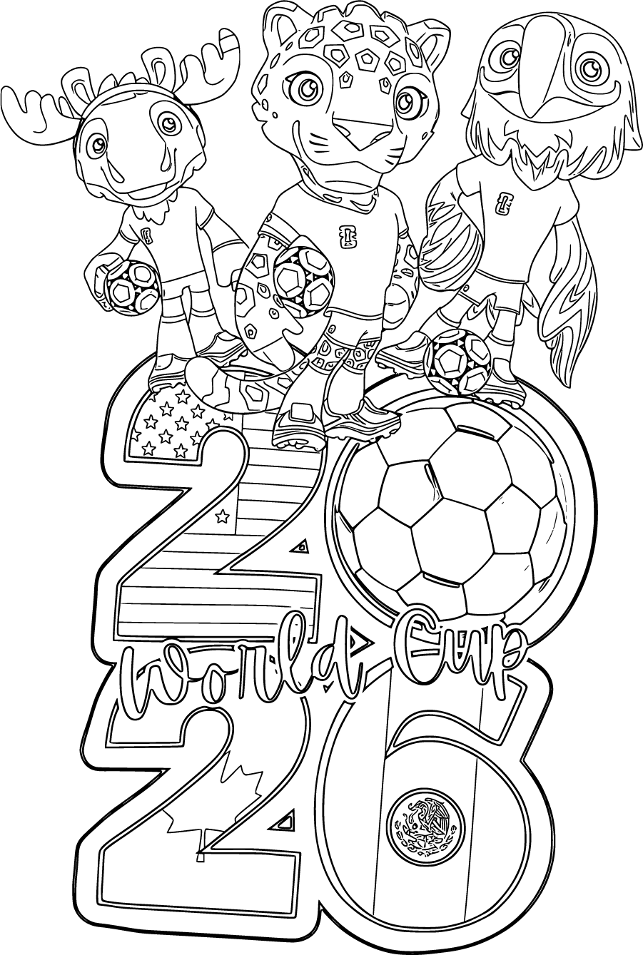 2026 World Cup Mascots over a large soccer ball and year graphic