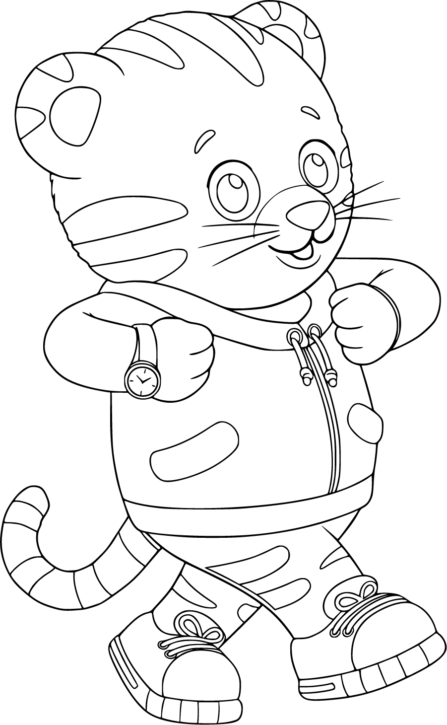Daniel Tiger checking his watch in hoodie