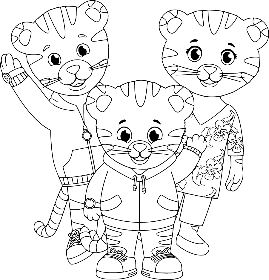 Daniel Tiger family posing with raised paws Coloring Page
