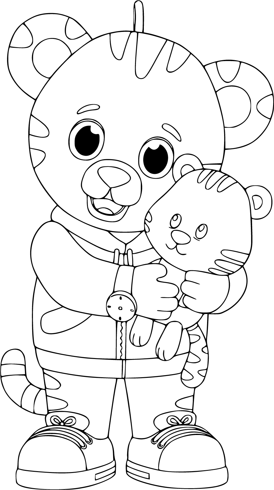 Daniel Tiger holding a baby tiger cub