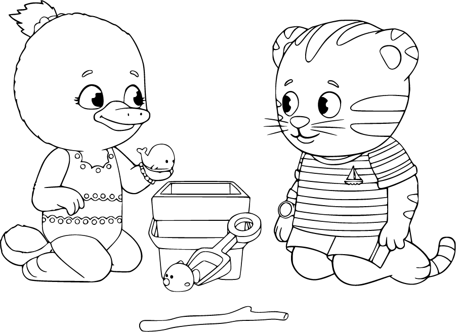 Daniel Tiger kneeling with duck friend and bucket