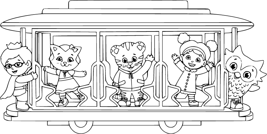 Daniel Tiger waving aboard trolley with friends