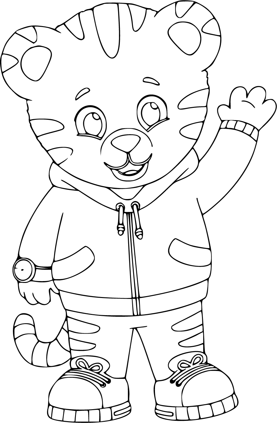 Daniel Tiger waving in a hoodie