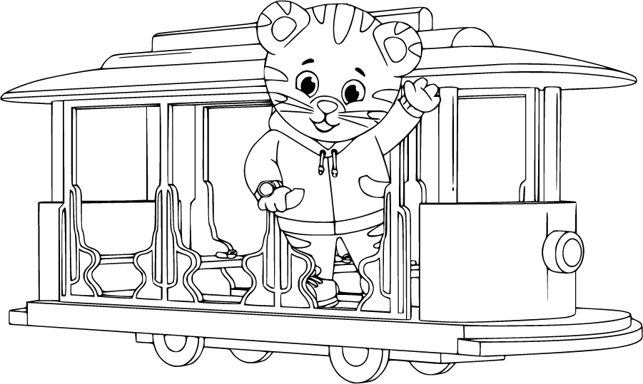 Daniel Tiger waving on a trolley