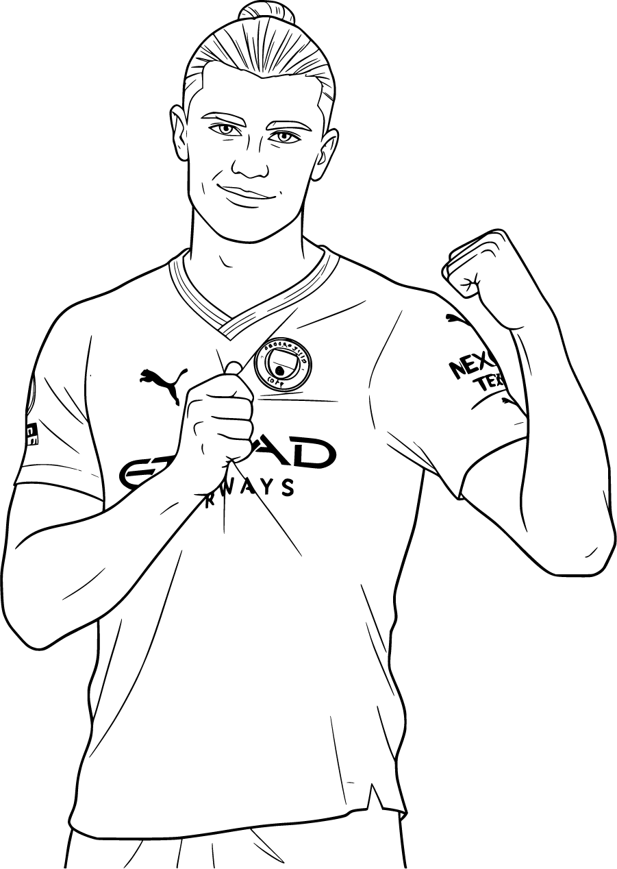 Erling Haaland in Manchester City jersey posing fists raised