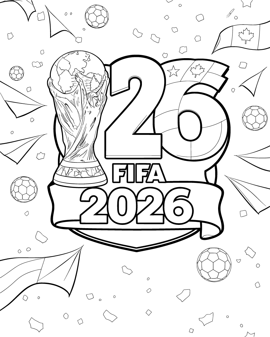 FIFA 2026 trophy beside large numbers soccer balls and flags