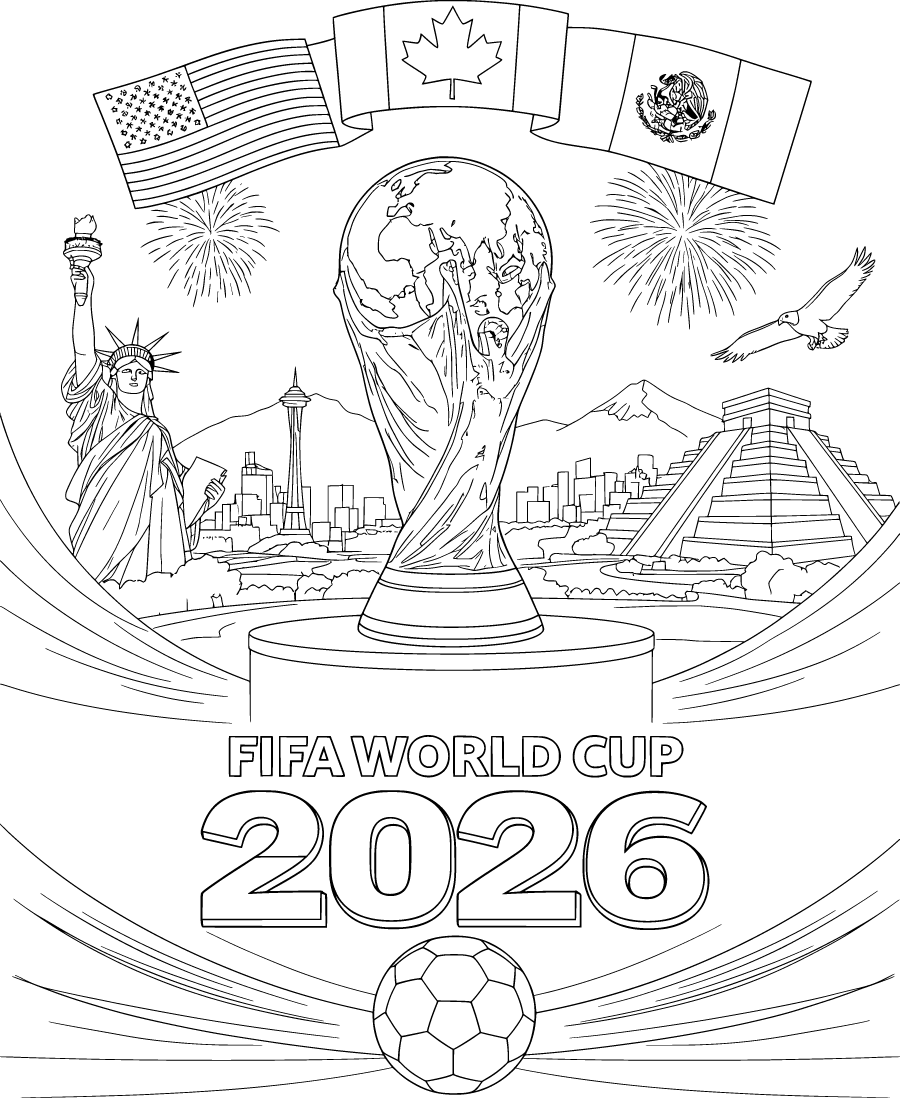 FIFA World Cup 2026 trophy with flags landmarks fireworks and a soccer ball Coloring Page