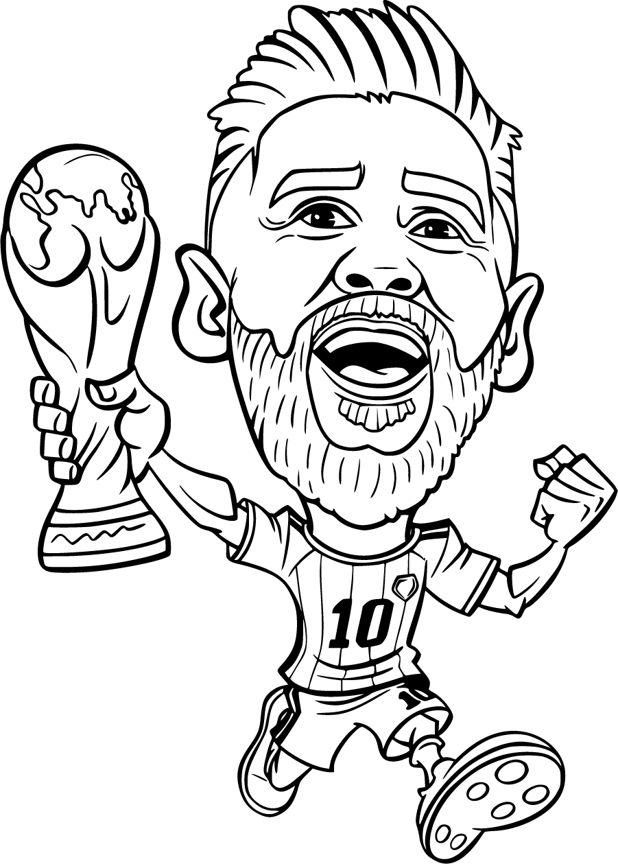Lionel Messi caricature holding a trophy aloft