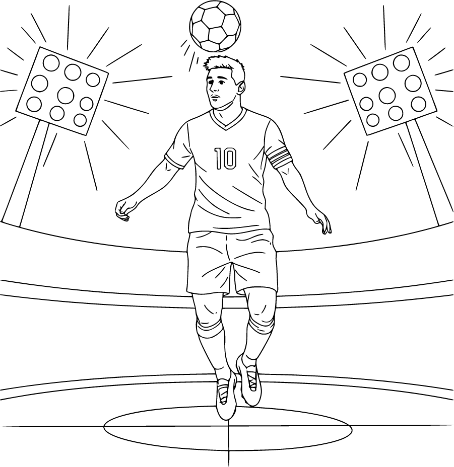 Lionel messi heading soccer ball stadium lights