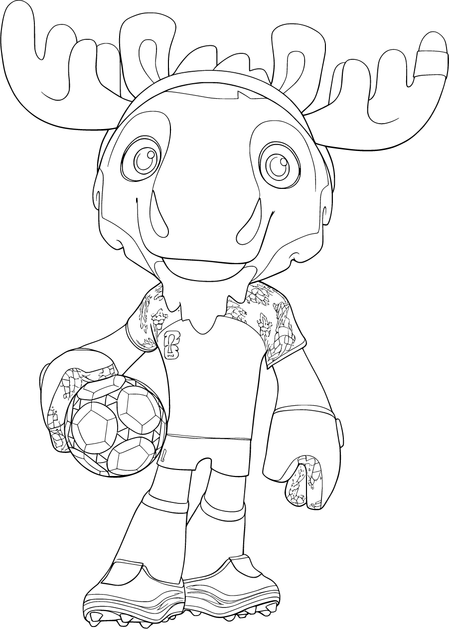 Moobarkz Soccer Mascot holding a soccer ball wearing moose antlers and a football uniform
