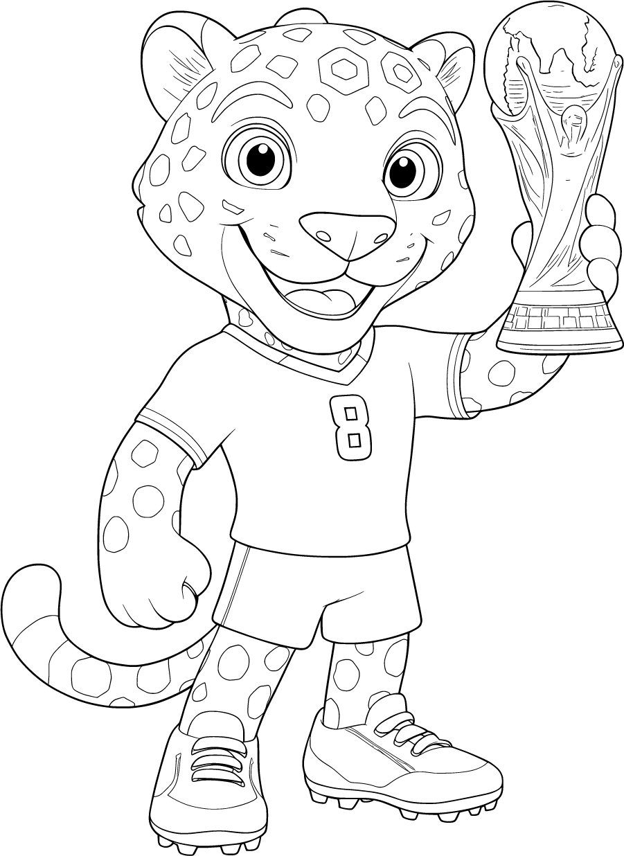 Smiling leopard mascot in soccer kit holding a World Cup trophy
