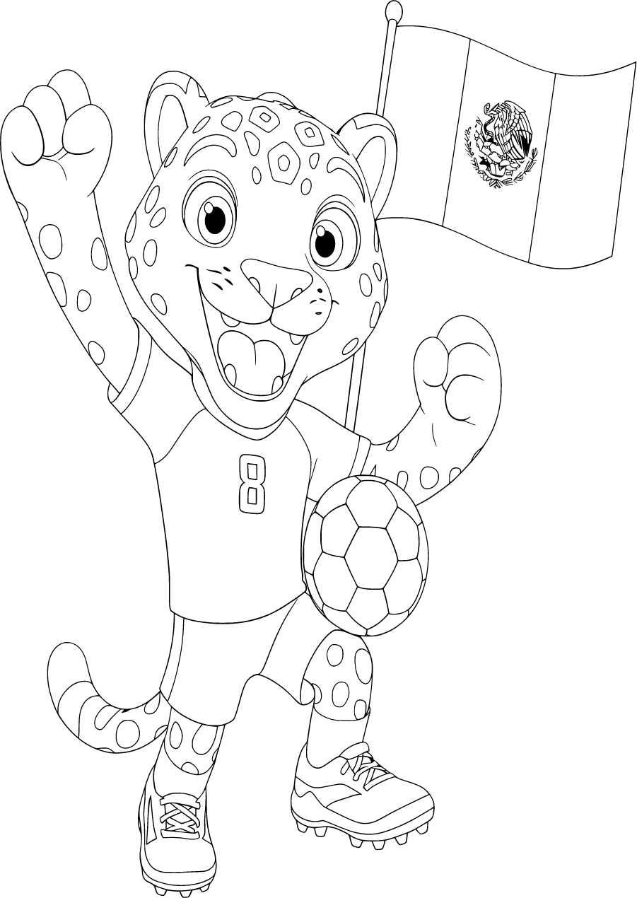 Soccer Jaguar in soccer uniform holding a ball and waving a Mexican flag