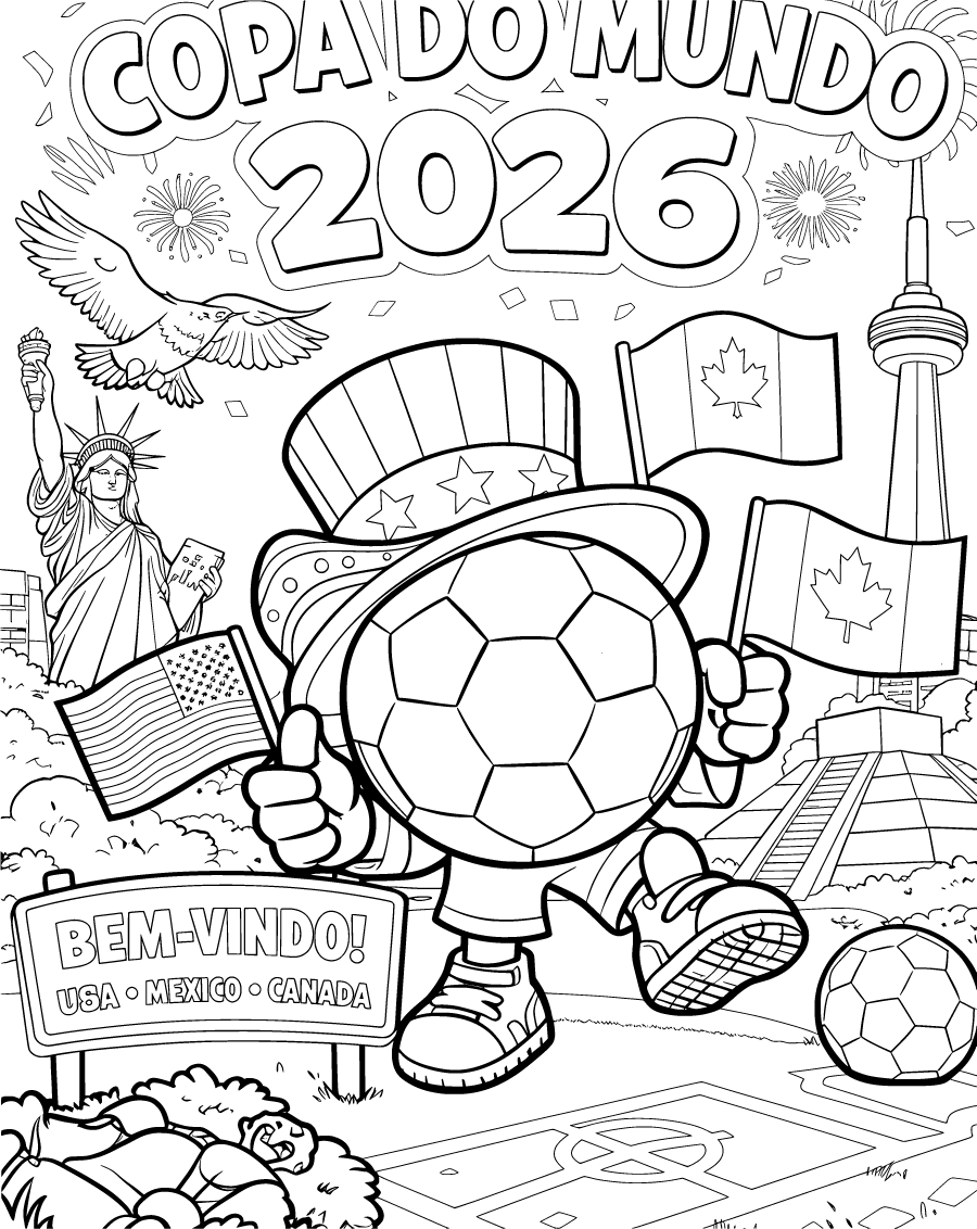 Soccer ball mascot Canada flags Toronto skyline and welcome sign for 2026 Coloring Page