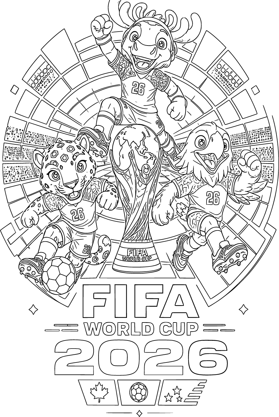 Three cheerful mascots jump around the FIFA World Cup 2026 trophy and stadium backdrop
